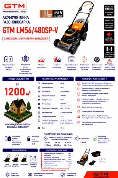 Газонокосарка акум. LM56/480SP-V, 56В, ширина зрізу 48см, самохідна, КАРКАС