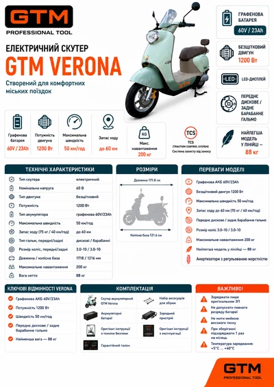 Скутер акумуляторний Verona, 1200Вт, 60V, швидкість 50км/год, запас ходу 60км