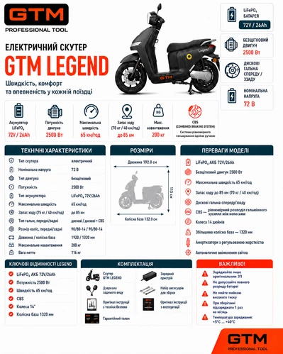 Скутер акумуляторний Legend, 2500Вт, 72V, швидкість 65км/год, запас ходу 85км