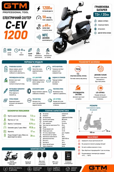 Скутер акумуляторний C-EV 1200, 72В, 1200Вт, Швидкість - 50км/год