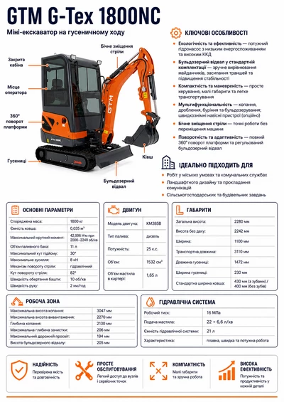Мініекскаватор гусеничний 1800кг/2,13м гл.копання/дизель 25к.с/кабіна