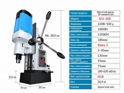 Магнітна дриль JD2-30E 1600 Вт, до 30 мм, кільцеве свердління до 55 мм